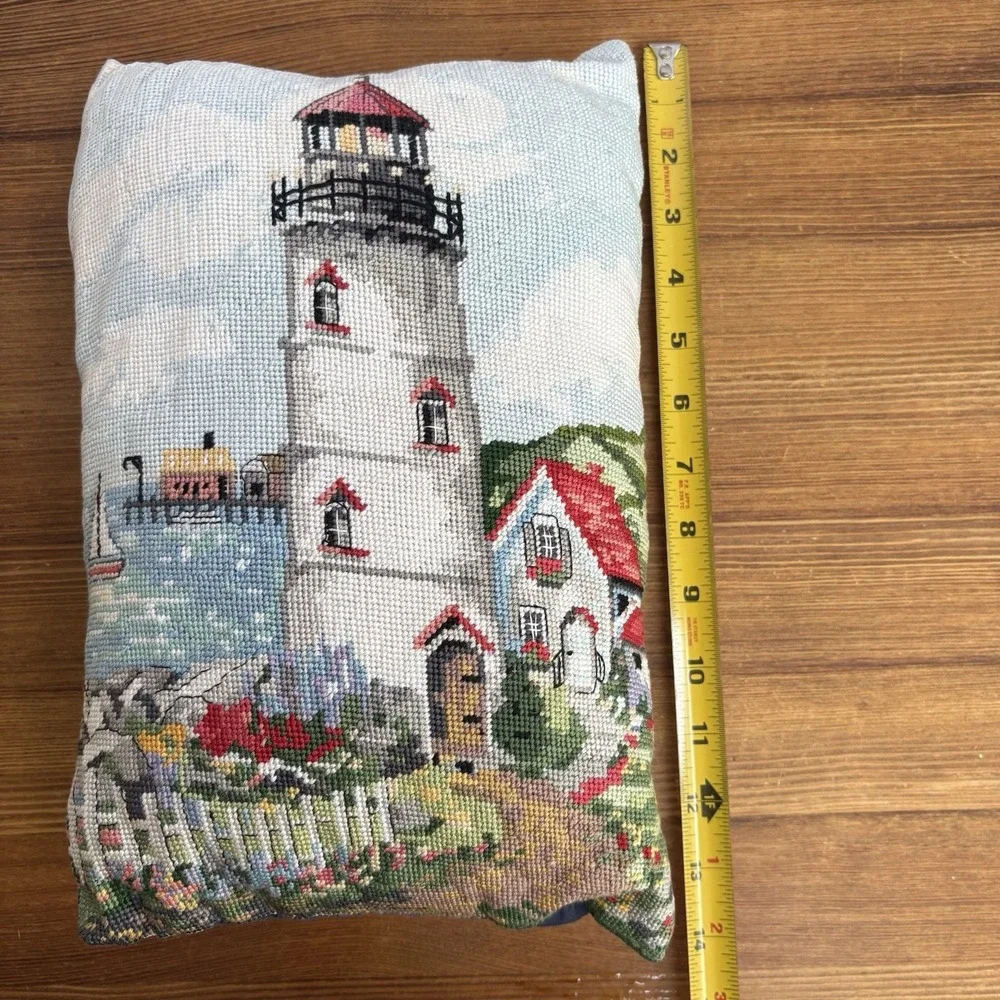 Lighthouse Needlepoint Throw Pillow Coastal Nautical Tapestry Decorative Cushion